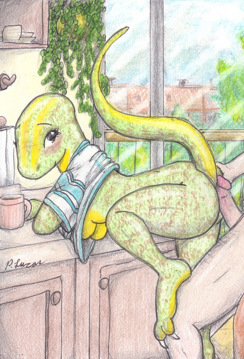 2012 anthro blush bottomless breasts butt butt_grab clothed clothing detailed_background dinosaur dromaeosaurid duo e621 erection female from_behind_position genitals hand_on_butt human human_on_anthro humanoid_genitalia humanoid_penis inside interspecies kitchen male male/female mammal non-mammal_breasts nude paul_lucas penis prehistoric_species raised_tail reptile rubbing saurischian scalie sex side_view signature tail theropod traditional_media_(artwork) velociraptor