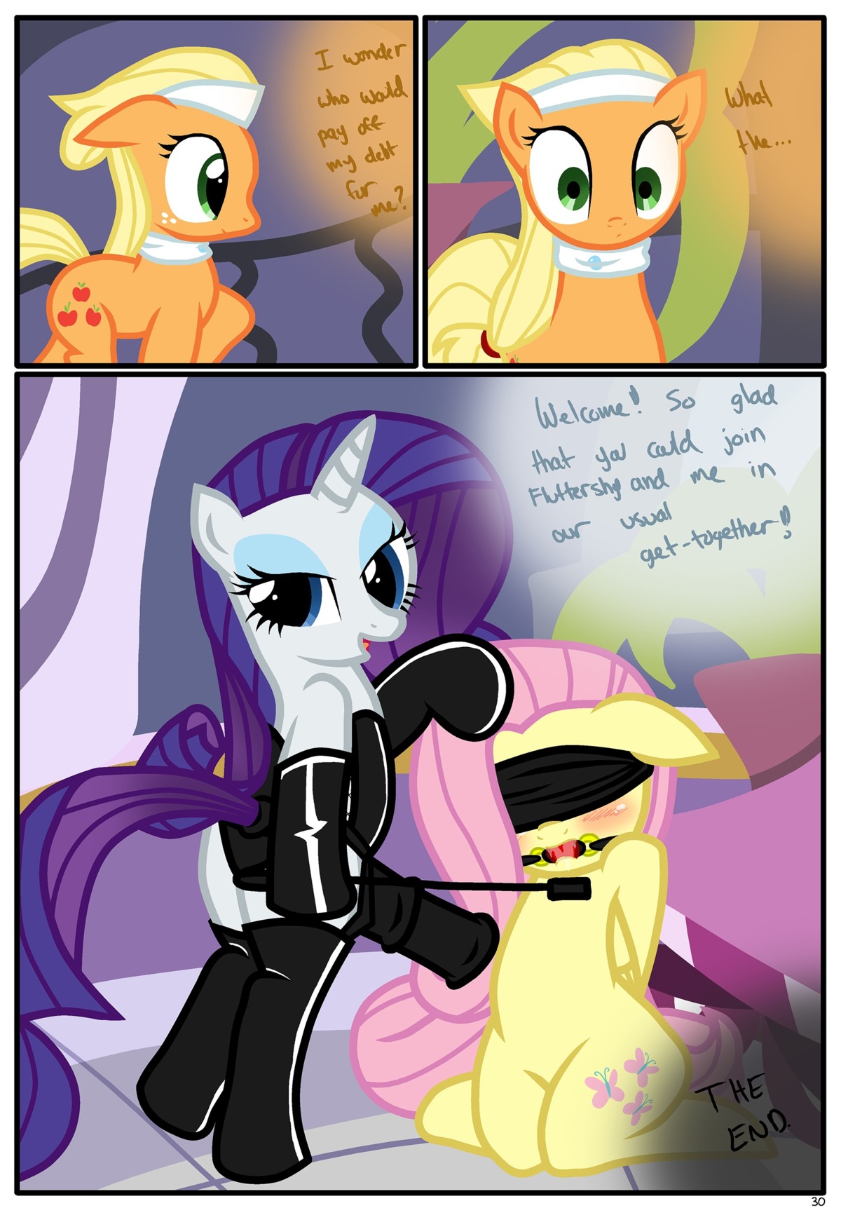 absurd_res applejack_(mlp) ball_gag bdsm blindfold blush bondage border bound comic cutie_mark dialogue digital_media_(artwork) dildo dominant dominant_female e621 earth_pony end_page english_text equid equine feathered_wings feathers female female/female feral fluttershy_(mlp) friendship_is_magic gag gagged group hasbro hi_res horn horse latex mammal my_little_pony mythological_creature mythological_equine mythology pegasus pony pyruvate quadruped rarity_(mlp) riding_crop sex_toy spa strapon submissive submissive_female tail text the_end unicorn whip white_border wings yellow_body yellow_feathers