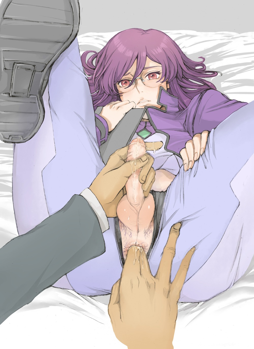 anal anal_fingering anal_hair artist_request gay glasses gundam gundam_00 handjob highres male male_only penis pubic_hair purple_hair red_eyes rule34 tieria_erde uncensored yaoi
