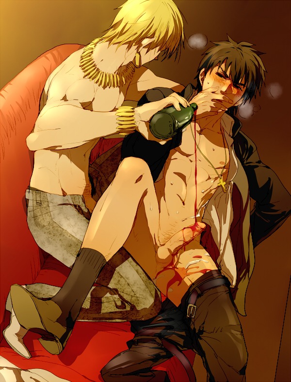 2boys blonde_hair blush bracelet breath brown_eyes brown_hair cross cross_necklace cum cum_on_body cum_on_lower_body earrings fate/stay_night fate/zero fate_(series) gilgamesh gilgamesh_(fate) jewelry kirei_kotomine kotomine_kirei male multiple_boys multiple_males penis pinki_(shounenkakuseiya) red_eyes rule34 short_hair sweat wine yaoi
