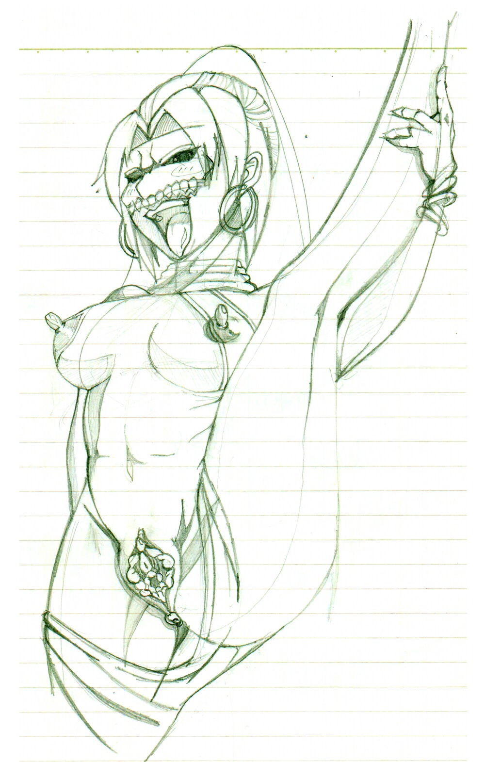 breasts earrings fate/grand_order fate/zero fate_(series) female female_only hundred_face_hassan leg_up mask masked monochrome nipples open_mouth pencil_(artwork) ponytail pussy rule34 smile spread_legs standing tongue tongue_out traditional_media_(artwork) vagina