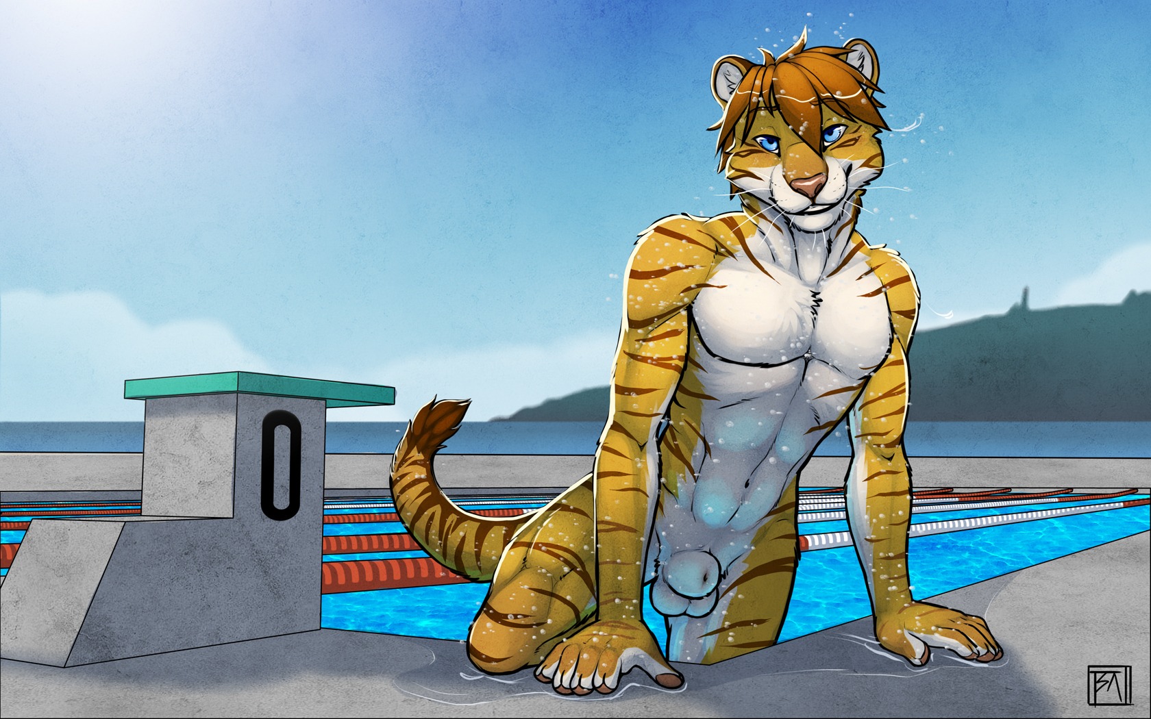16:10 2014 allegro animal_genitalia anthro athletic balls biceps blue_eyes brown_hair casual_nudity detached_sheath e621 felid fully_sheathed fur genitals hair hi_res hybrid liger liglig lion looking_at_viewer male mammal muscular muscular_anthro muscular_male nude outside pantherine pecs public public_nudity sheath sky slim smile solo stripes swimming_pool tiger tsaiwolf water wet widescreen