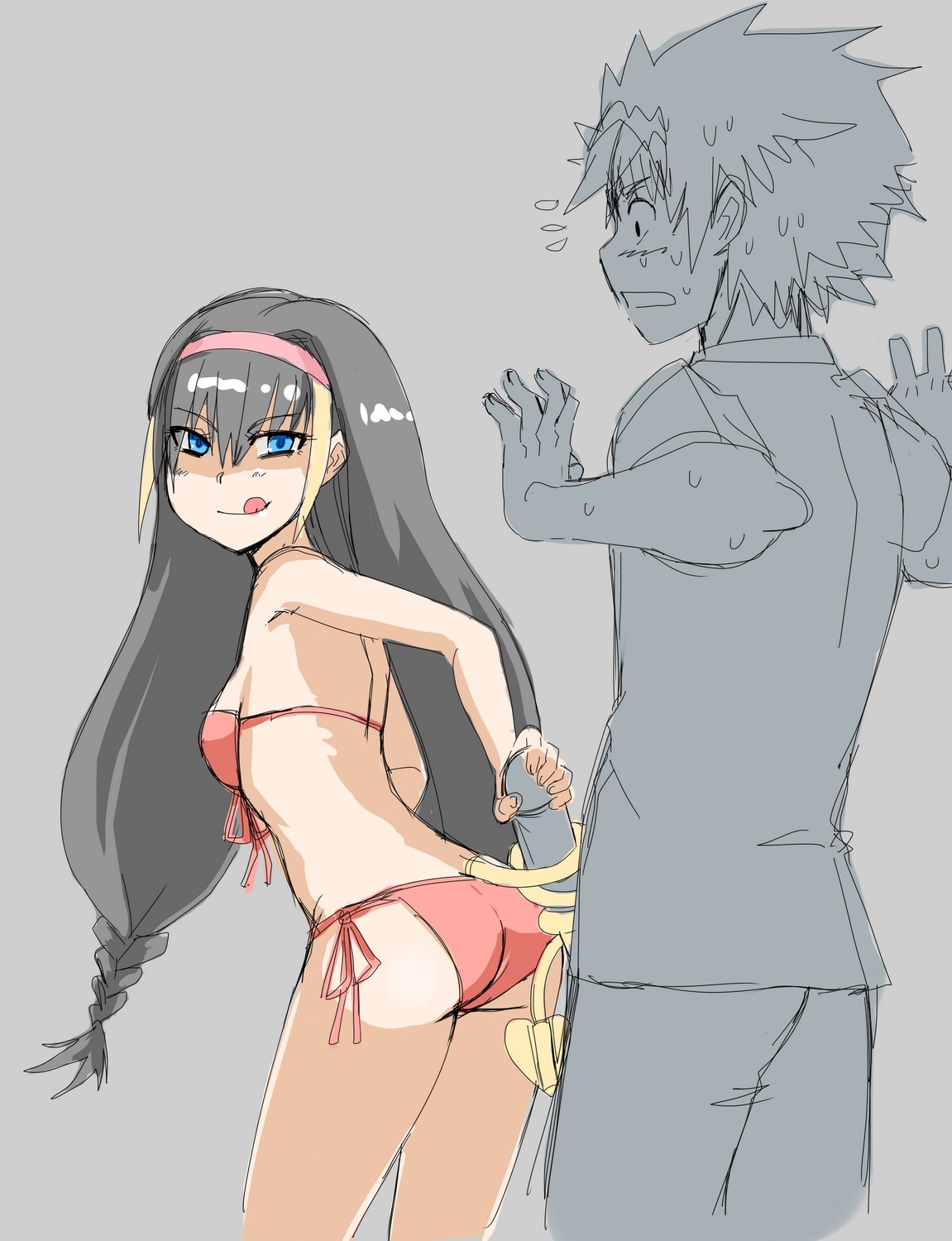 1boy 1girls :q ass assertive assertive_female bikini blonde_hair blue_eyes breasts bunches demon_tail drawfag female flying_sweatdrops grey_background handjob highres kamijou_touma kekekeke lessar long_black_hair long_hair male medium_breasts naughty_face penis rule34 side-tie_bikini sideboob sketch smile swimsuit tail tailjob tied_hair to_aru_majutsu_no_index tongue tongue_out twintails uncensored
