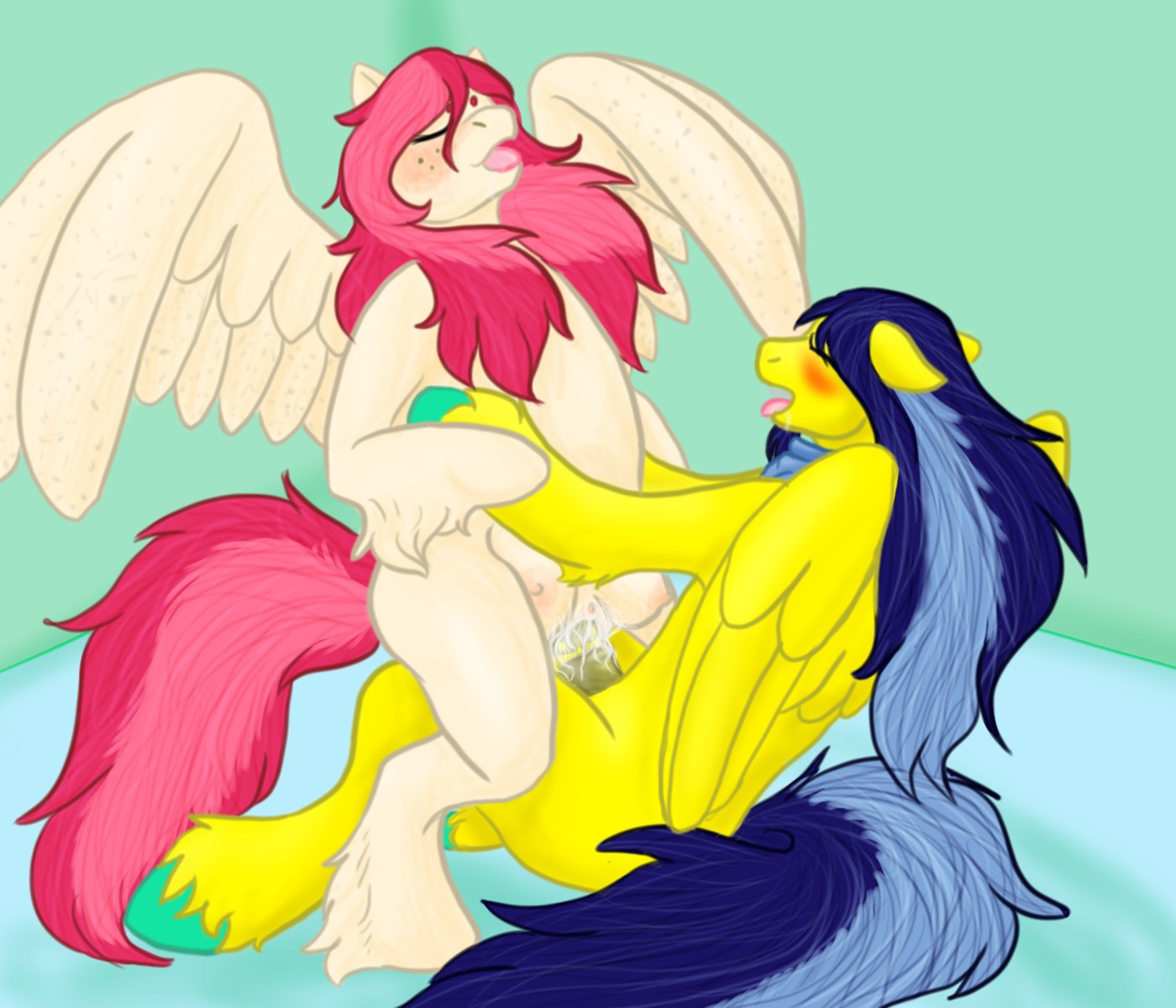 astral_rhythm blue_hair blush bodily_fluids cowgirl_position crotch_breasts cum duo e621 equid equine erection eyes_closed fan_character feathered_wings feathers female female_on_top female_penetrated feral from_front_position fur genital_fluids genitals hair hasbro hi_res male male/female male_on_bottom male_penetrating male_penetrating_female mammal multicolored_hair my_little_pony mythological_creature mythological_equine mythology on_bottom on_top pegasus penetration penile penile_penetration penis penis_in_vagina pink_hair sex straddling teats two_tone_hair vaginal vaginal_penetration vulva wings yellow_body yellow_fur