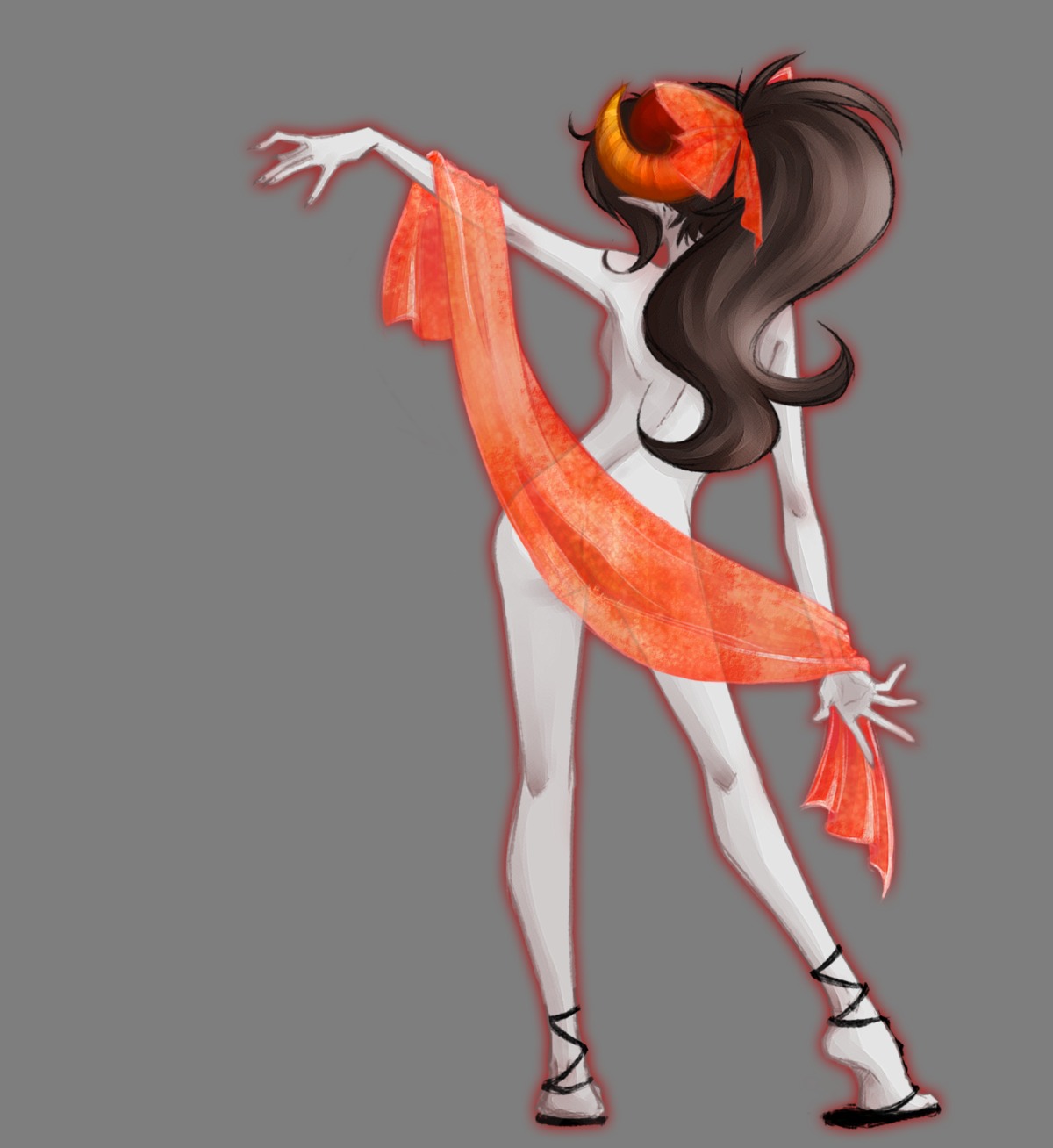 1girls aradia_megido artist_request ass back brown_hair facing_away female grey_skin hairbow homestuck horns long_hair ms_paint_adventures nude pointy_ears ponytail rule34 sandals solo source_request tied_hair transparent_background troll
