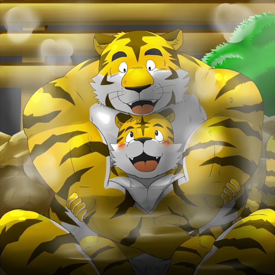 1:1 age_difference animal_genitalia anthro balls bath blush child cuddling duo e621 father_(lore) father_and_child_(lore) father_and_son_(lore) felid flaccid genitals hot_spring hug kemono male mammal muscular muscular_male nude pantherine parent_(lore) parent_and_child_(lore) parent_and_son_(lore) penis sheath shiba-kenta size_difference son_(lore) steam swimming_pool tiger water young young_anthro