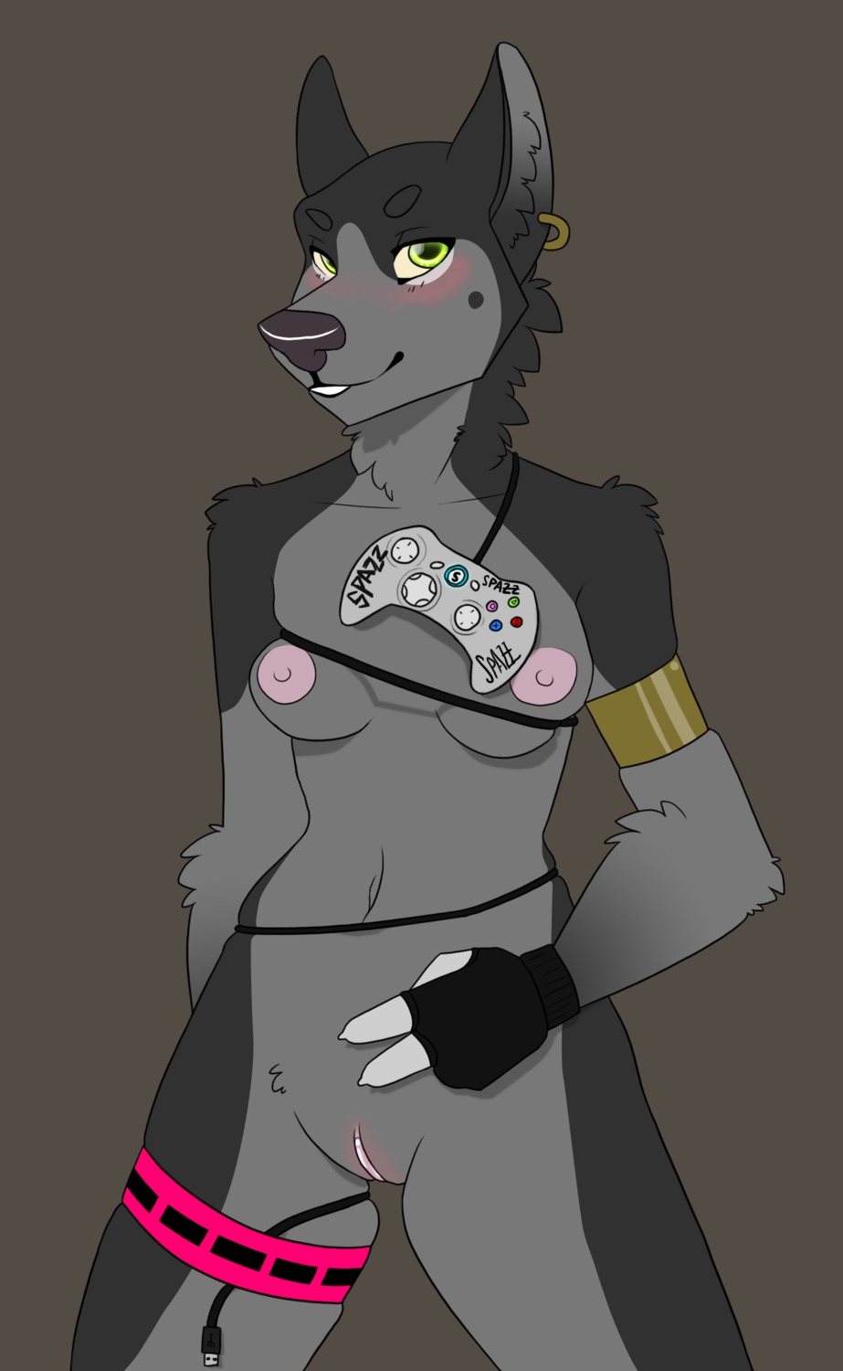 2011 absurd_res accessory anthro armband blush breasts canid canine canis clothing controller domestic_dog e621 ear_piercing female fur game_controller gaming garter genitals german_shepherd gloves green_eyes grey_body grey_fur handwear herding_dog hi_res looking_at_viewer mammal microsoft nipples nude pastoral_dog piercing playing_video_game smile solo spazz spazzasaurus vulva xbox xbox_controller xbox_game_studios