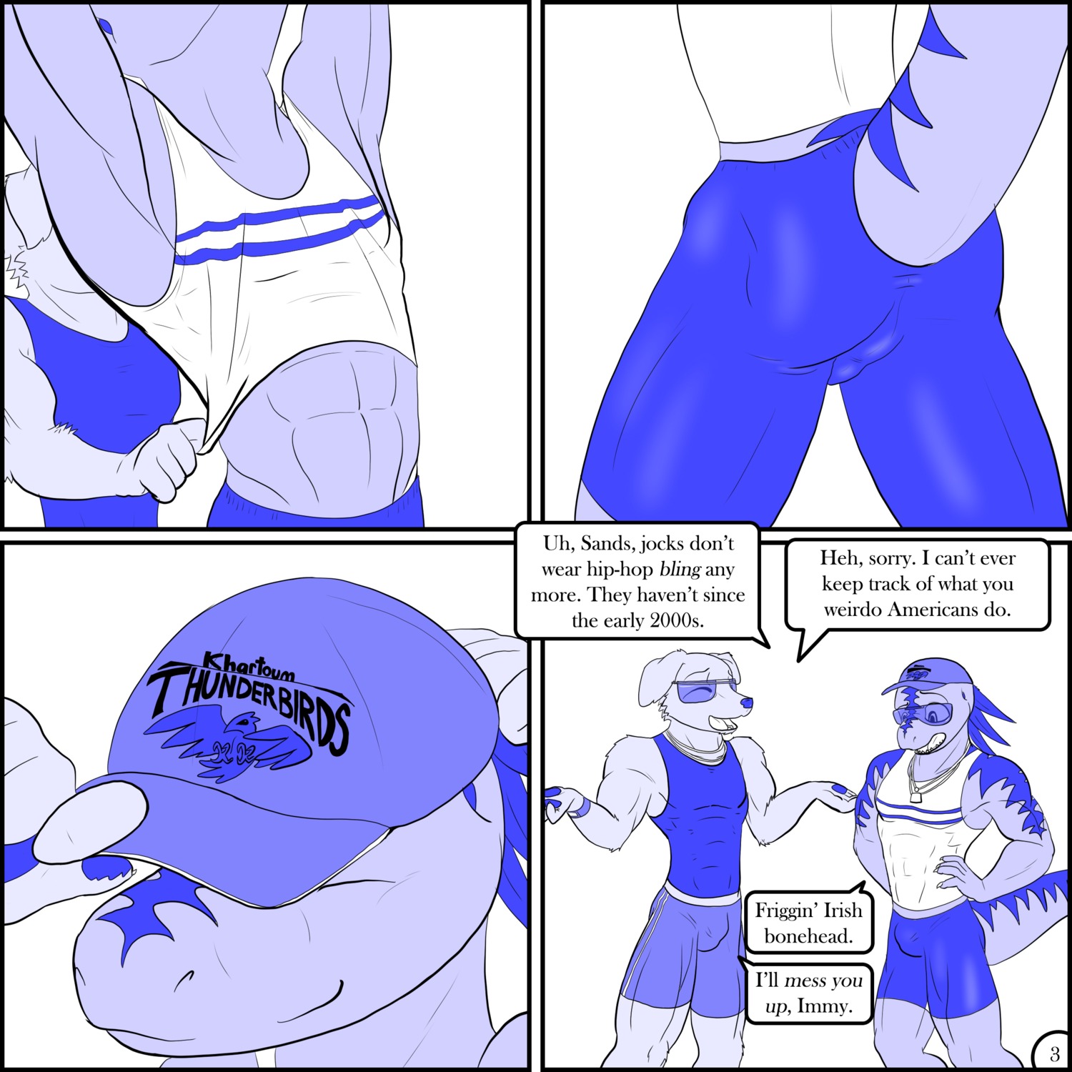 1:1 5_fingers abs absurd_res anthro back_groove balls_outline baseball_cap biceps bottomwear bulge canid canine canis classroom clock clothed clothing comic detailed_bulge dialogue domestic_dog duo e621 english_text eyes_closed eyewear fingers genital_outline glasses growth hand_on_hip hat headgear headwear hi_res immelmann_(character) jewelry male mammal muscle_growth muscular muscular_anthro muscular_male necklace nx-42 open_mouth pawpads pecs penis_outline sands scalie school shorts sleeveless_shirt smile speech_bubble text tight_clothing watch wristwatch