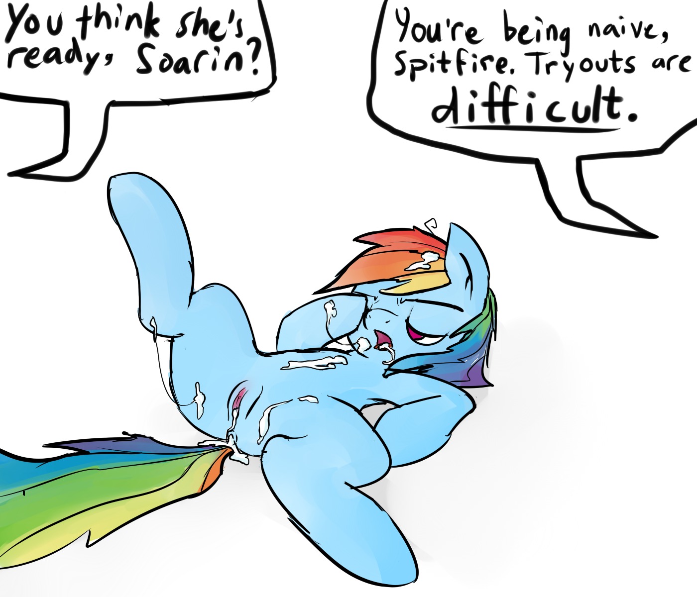 after_sex anus atrolux blue_body blue_fur bodily_fluids conditional_dnp cum cum_in_ass cum_inside dialogue digital_media_(artwork) e621 english_text equid equine female feral friendship_is_magic fur genital_fluids genitals hair hasbro hi_res horse mammal multicolored_hair multicolored_tail my_little_pony offscreen_character open_mouth pony purple_eyes quadruped rainbow_dash_(mlp) rainbow_hair rainbow_tail simple_background solo tail text vulva white_background