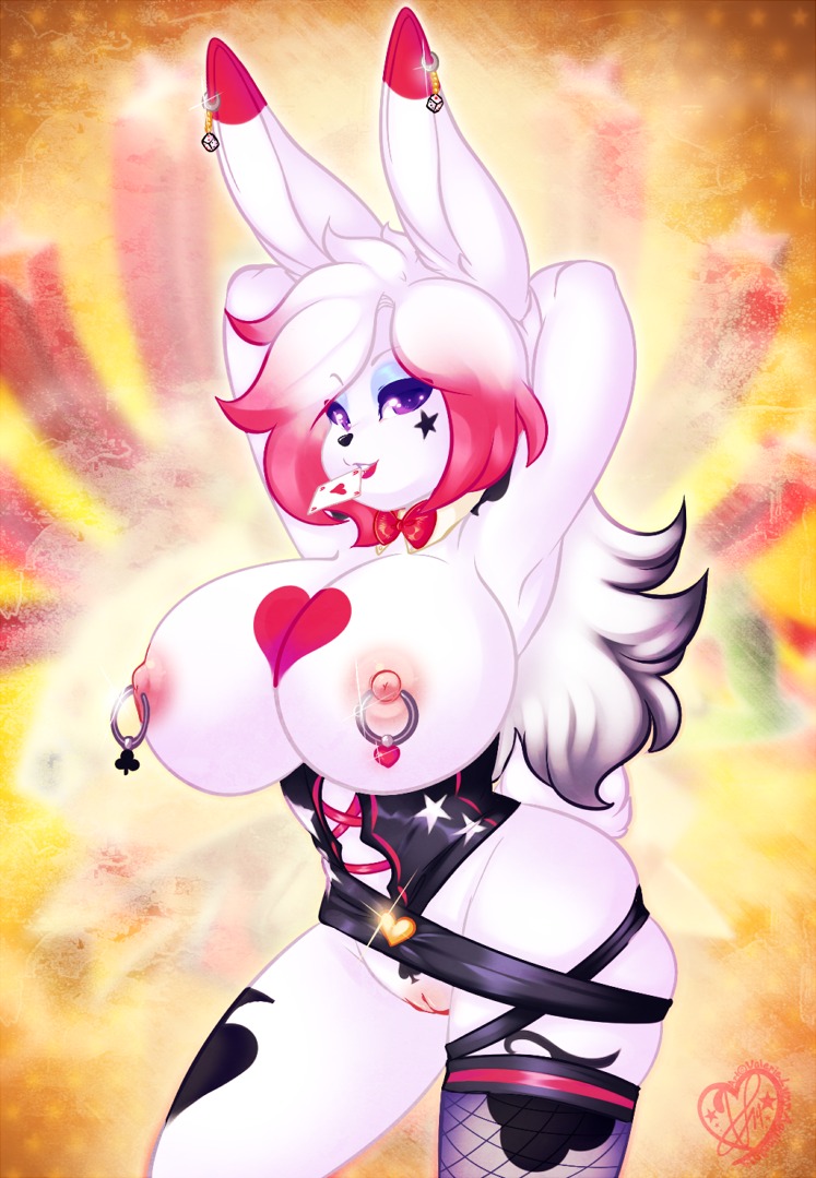 2014 accessory alternative_fashion anthro areola big_breasts biped black_nose breasts clothing club_tattoo corset cyn. d6 diamond_tattoo dice digital_media_(artwork) e621 ear_piercing female fishnet_clothing fur gemini_constele genitals hair hands_behind_head heart_symbol heart_tattoo lagomorph legwear leporid lingerie lips long_hair looking_at_viewer makeup mammal necktie nipple_piercing nipples piercing pose purple_eyes rabbit red_body red_fur red_hair shaded smile solo spade_tattoo spades_(suit) standing star stockings suit_symbol tattoo topwear vulva white_hair