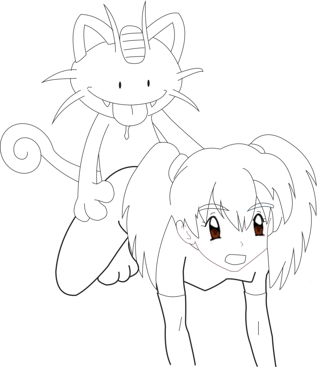 all_fours ditto duplica_(pokemon) female feral front_view fur human interspecies male meowth monochrome pokemon pokemon_(species) pokephilia rule34 sex size_difference smile straight tagme