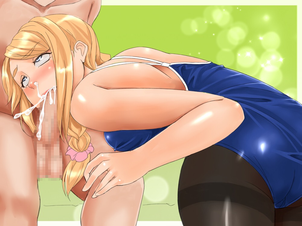 blonde_hair blush censored cum cum_in_mouth cum_in_nose ejaculation fellatio fucked_silly hair male oral penis rolling_eyes rule34 shiashiya