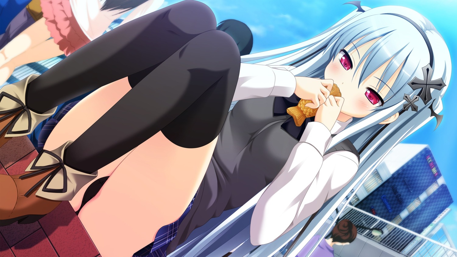 16:9 1girls black_panties black_stockings blue_sky city cityscape female gothic light-skinned_female light_blue_hair light_skin panties red_eyes rule34 school_uniform stockings upskirt