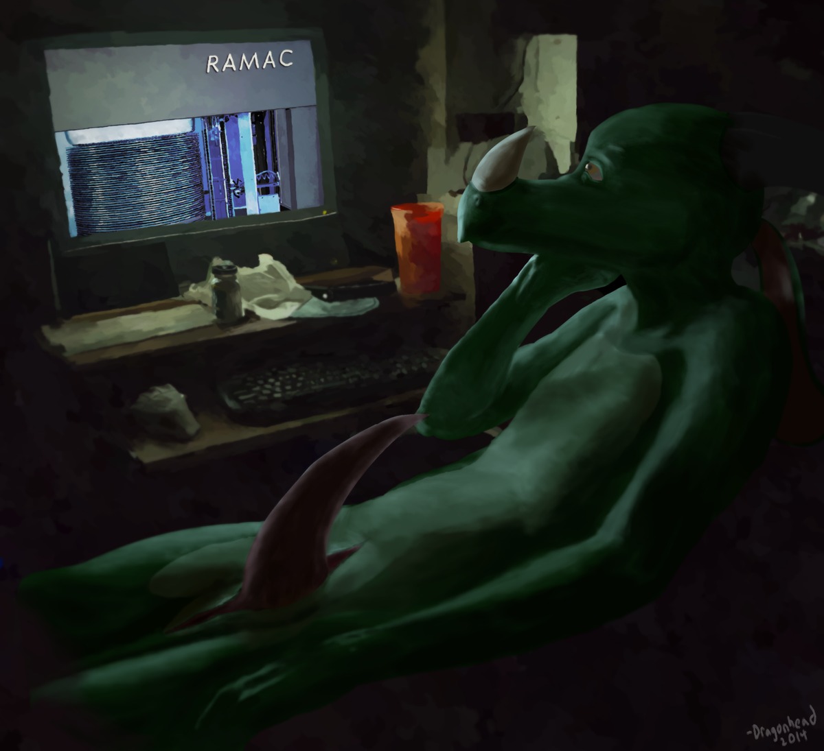 2014 anthro biped computer dragon dragonhead e621 electronics erection genitals green_body horn ibm keyboard male monitor mythological_creature mythological_scalie mythology penis ramac_305 scalie sitting solo tapering_penis yellow_eyes