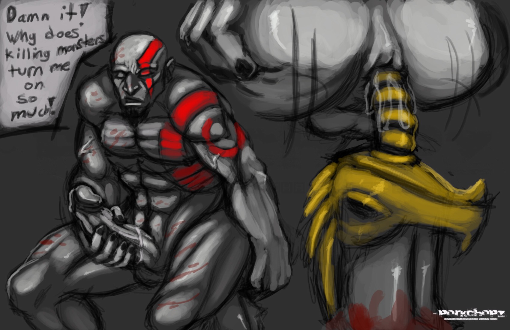 abdomen abdominals anal anal_insertion anal_masturbation anus ass bald balls biceps blades boner erection facial_hair gay god_of_war kratos male male_only masturbation muscular nipples nude pale_skin pecs pectorals penis porkchopz_(artist) red_tattoo rule34 solo spread_ass tagme veins white_body white_skin yaoi