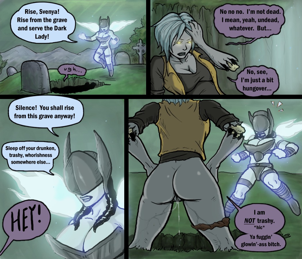 34san blizzard_entertainment blue_hair bodily_fluids bottomless breasts butt cemetery cleavage clothed clothing comic dialogue dripping duo e621 english_text female genital_fluids genitals glowing glowing_eyes hair not_furry profanity spirit text undead vaginal_fluids vulva warcraft