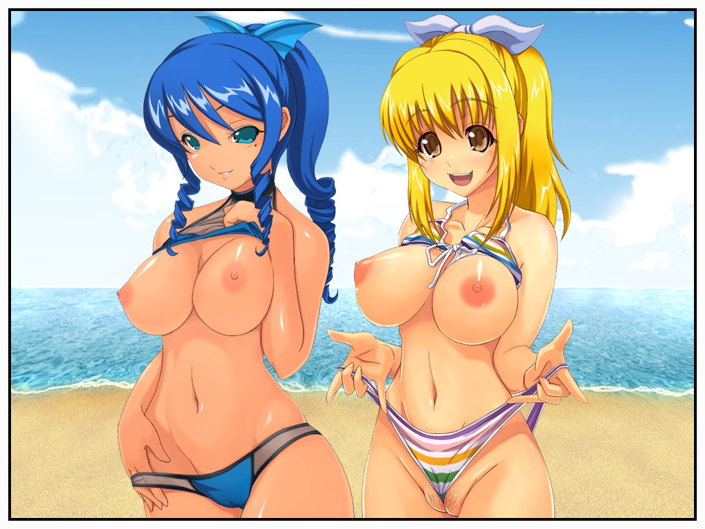 2girls big_breasts bikini blue_hair blush breasts cameltoe dark_skin female female_only large_breasts multiple_females multiple_girls nipples onigiri_(ocelot) pussy rule34 smile swimsuit
