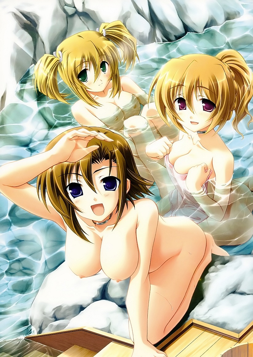 3girls :d absurdres arm_support bangs blonde_hair blue_eyes blush braid breasts brown_hair choker cleavage collarbone covering female green_eyes hair_between_eyes hair_intakes hanging_breasts highres hinata_mutsuki hugging_own_legs kagami_yuuki kajiwara_ayumi kneeling knees_up large_breasts light_rays looking_at_viewer medium_hair multiple_females multiple_girls nipples non-web_source nude nude_cover onetama onsen open_mouth outdoors partially_submerged photoshop_(medium) ponytail purple_eyes rule34 shading_eyes short_twintails sideways_glance sitting smile sunbeam sunlight takami_haruka towel twintails water