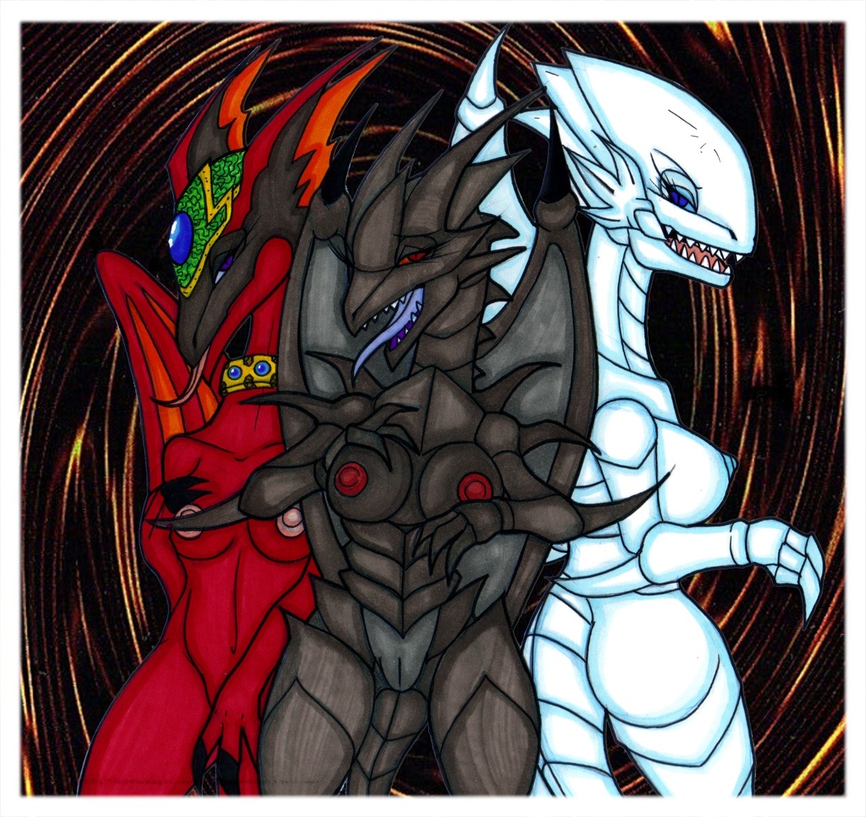 3_fingers after_transformation alternate_species anthro areola aroused aroused_face aroused_smile bald bedroom_eyes big_breasts big_butt black_body black_claws black_scales black_skin blue-eyes_white_dragon blue_areola blue_eyes blue_nipples blue_sclera border breasts butt claws clothing collar collar_only dragon duel_monster e621 enjoying eyelashes female fingers front_view gem genitals grin group hand_on_breast harpie's_pet_dragon headgear headwear horn huge_breasts ivanks konami long_neck long_tail long_tongue looking_at_viewer looking_pleasured lust_transformation mai_valentine membrane_(anatomy) membranous_wings mythological_creature mythological_scalie mythology narrowed_eyes navel nipples non-mammal_breasts non-mammal_nipples nude one_eye_closed open_mouth pupils purple_eyes red-eyes_black_dragon red_areola red_body red_eyes red_nipples red_scales red_sclera reptile scales scalie seductive serenity_wheeler side_view simple_background slit_pupils smile snout species_transformation spikes spikes_(anatomy) spines spread_legs spreading tail tea_gardner teeth thick_thighs tongue tongue_out transformation trio vulva white_body white_border white_scales white_skin wing_spikes wings wink yu-gi-oh! yu-gi-oh_card