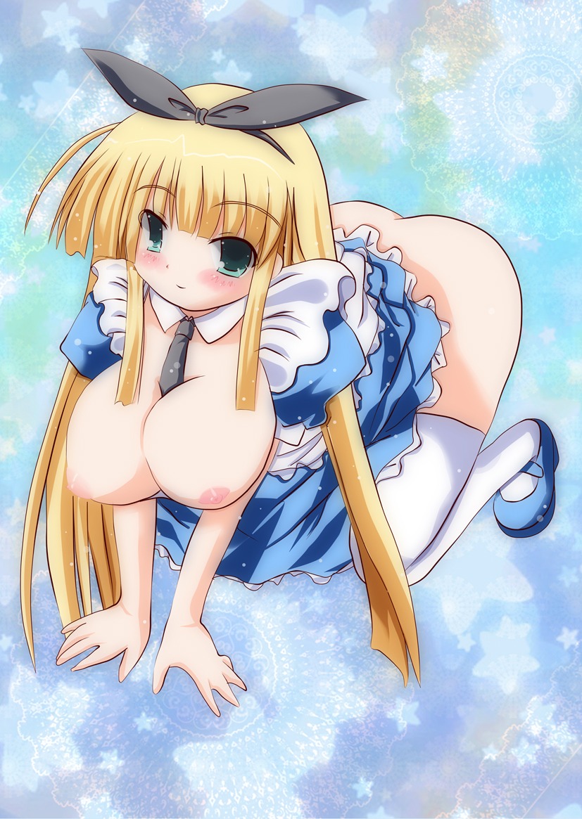 alice_in_wonderland alice_liddell all_fours ass blush breasts color female female_only large_breasts nipples rule34 seririsan smile solo