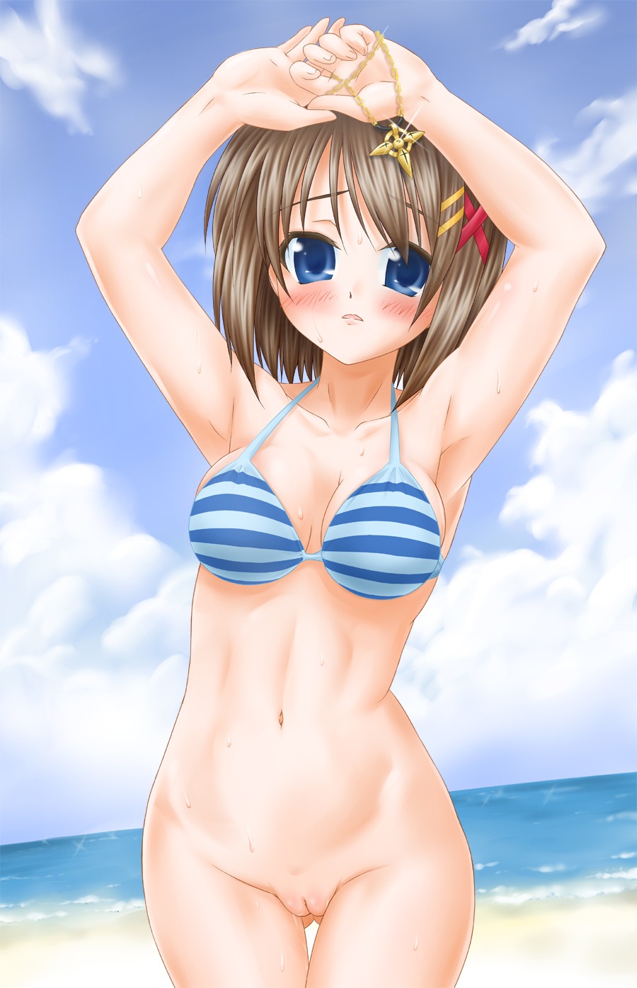 armpits arms_up beach bikini bikini_top blue_eyes blush bottomless breasts brown_hair cleavage female frown hayate_yagami highres human jewelry lyrical_nanoha mahou_shoujo_lyrical_nanoha mahou_shoujo_lyrical_nanoha_strikers necklace pussy rule34 schwertkreuz shinozuki_takumi short_hair solo striped striped_bikini striped_swimsuit sweat swimsuit uncensored