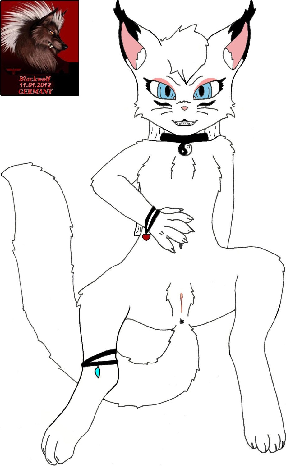 4_toes 5_fingers anklet anus blackwolf blue_eyes bracelet claws collar domestic_cat e621 eyelashes fangs feet felid feline felis female fingers fur genitals hair heart_symbol hi_res jewelry long_hair looking_at_viewer mammal markings pink_nose smile solo spread_legs spreading tail teeth toes tuft vulva whiskers white_body white_fur white_hair yin_yang
