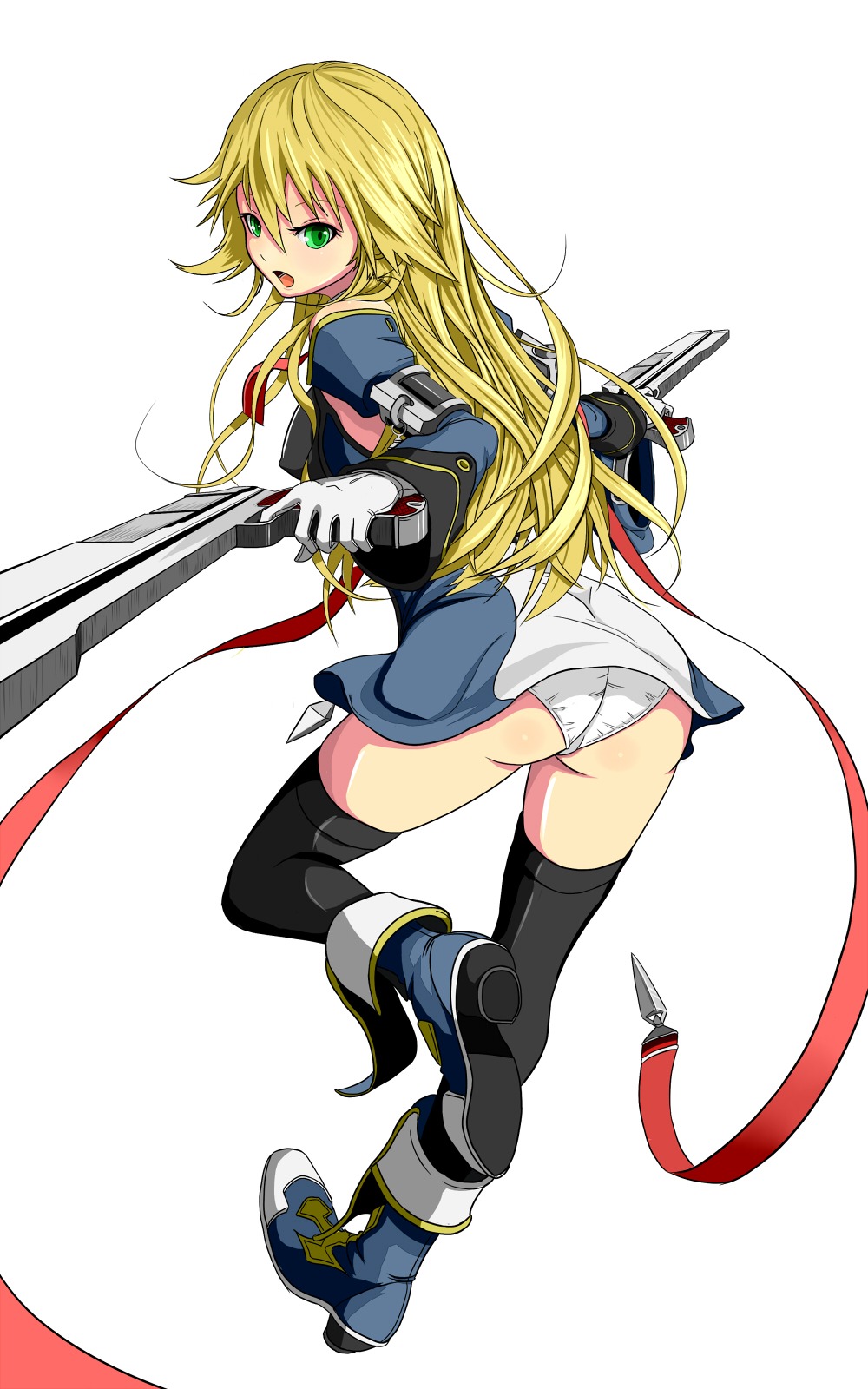 artist_request ass blazblue blonde_hair blush breathing detached_sleeves dual_wield dual_wielding female girigiri green_eyes highres necktie noel_vermillion panties pantyshot ribbon rule34 thighhighs tie underwear