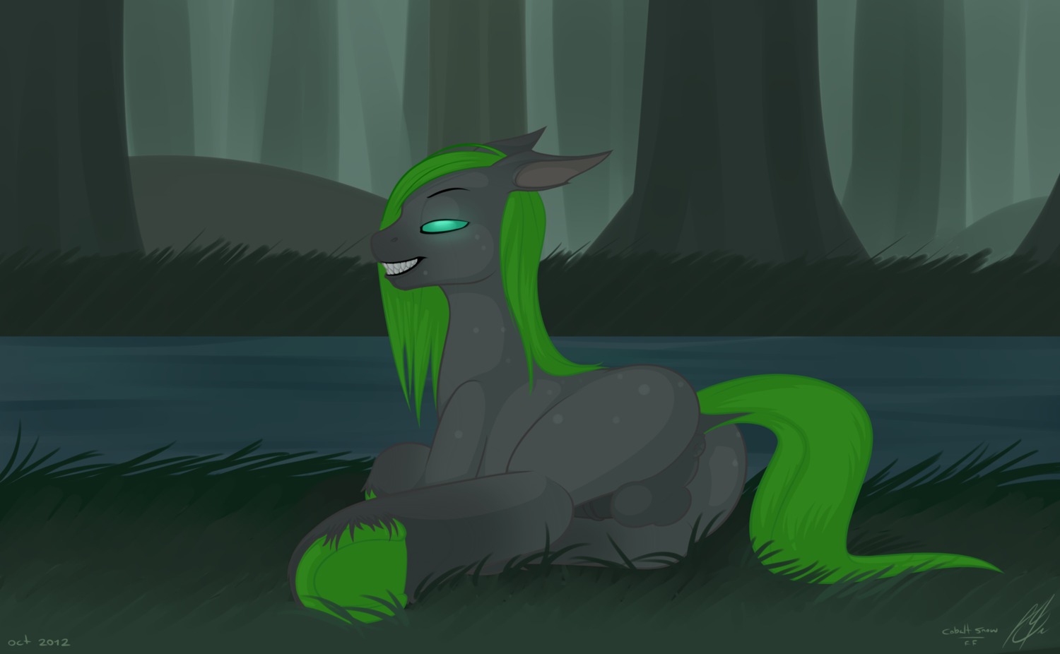 anthro anus balls biped cel_shading celtic_mythology cobalt_snow conditional_dnp detailed_background digital_media_(artwork) e621 earth_pony equid equine erection european_mythology fan_character fangs forest genitals glowing glowing_eyes grass green_hair hair hasbro hi_res horse inviting kelpie lying male mammal my_little_pony mythological_creature mythological_equine mythology nude outside penis pisces_kelp plant pond pony quadruped shaded smile solo tail teeth tree water wood