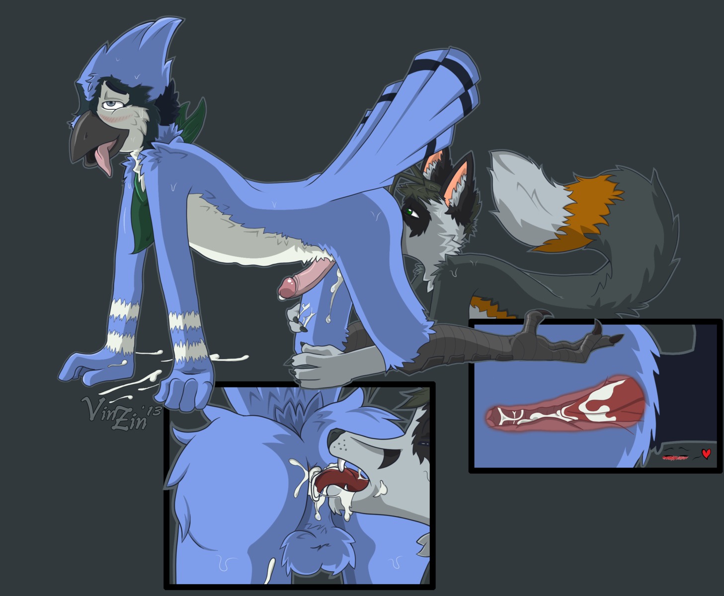 2013 all_fours anal anal_penetration anthro anus avian backsack balls beak bird black_beak blue_jay blush bodily_fluids butt corvid cum cum_in_ass cum_inside cumshot deep_rimming duo e621 ejaculation erection feathers felching fender_mcbender genital_fluids genitals hair heart_symbol hi_res hybrid internal internal_anal interspecies jay_(bird) licking looking_pleasured male male/male male_penetrated male_penetrating male_penetrating_male new_world_jay nude open_mouth oral orgasm oscine passerine penetration penis rimming sex simple_background smile tail tail_feathers tongue tongue_out vinzin_(artist) vinzin_(character)