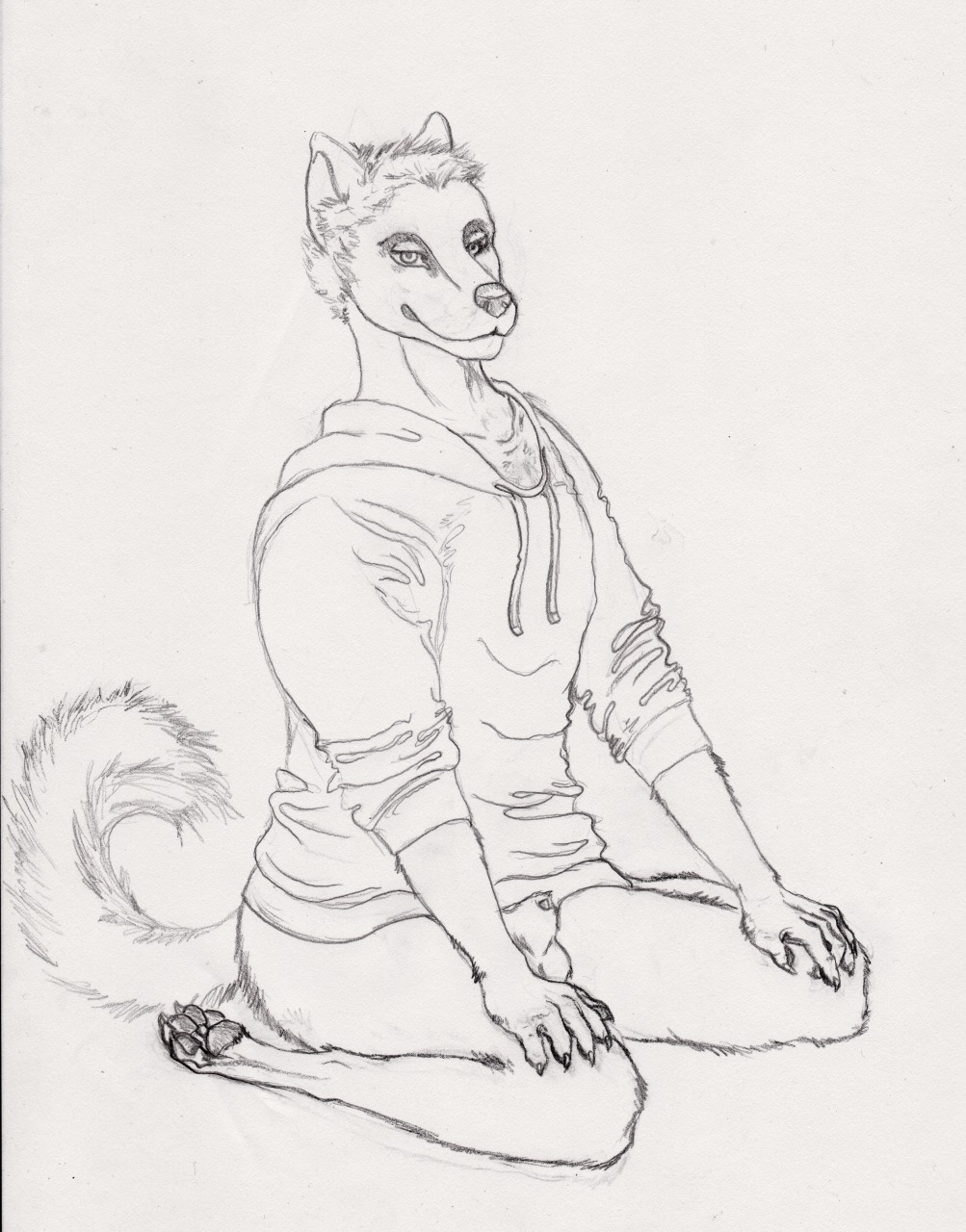 4_toes animal_genitalia animal_penis anthro balls biped black_and_white bottomless butt canid canine canine_genitalia canine_penis claws clothed clothing digitigrade e621 feet flaccid genitals hi_res hindpaw kneeling looking_at_viewer male mammal monochrome paws penis semiotica sheath solo spread_legs spreading sweater tail toes topwear