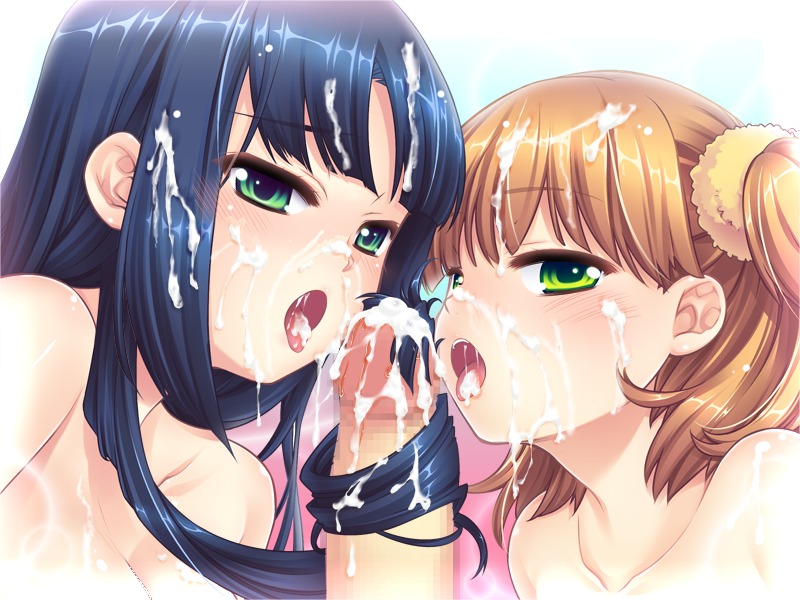 2girls blue_hair blush censored cum facial female game_cg green_eyes hairjob long_hair male multiple_females multiple_girls open_mouth orange_hair penis rule34 short_hair source_request