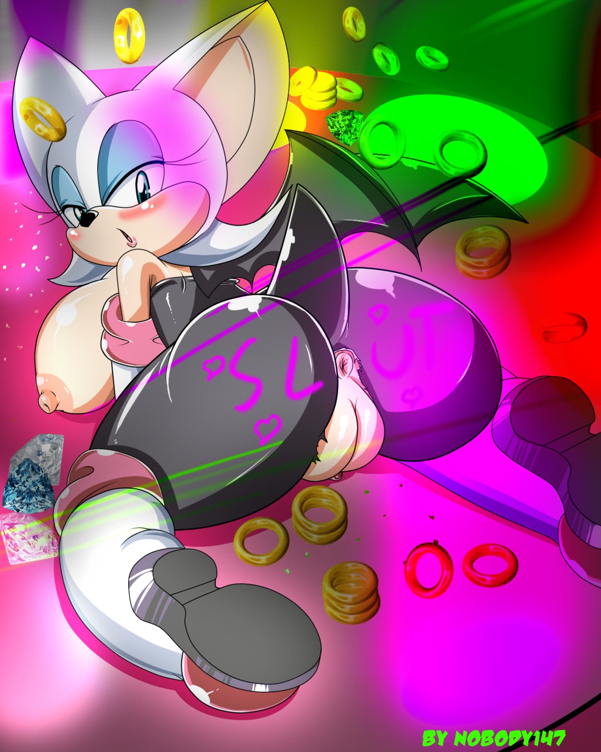 4:5 anthro anus bat blush boots breasts butt chaos_emerald clitoris clothing e621 female footwear gem genitals gloves gold_ring handwear hi_res lights mammal membrane_(anatomy) membranous_wings nipples nobody147 ring rouge_the_bat sega shoes solo sonic_the_hedgehog_(series) third-party_edit vulva wings