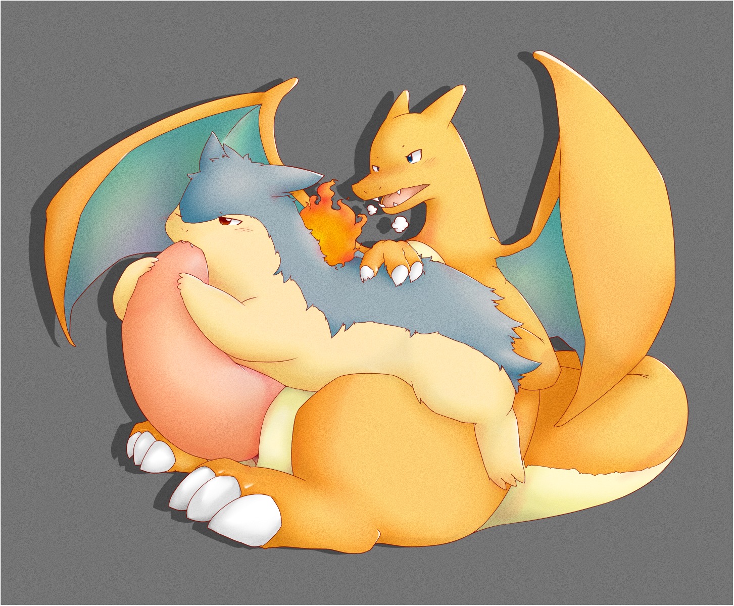 1boy 1other ambiguous_gender anthro blowjob body_fur charizard color erection fellatio furry interspecies male nintendo oral oral_sex penis pokemon pokemon_(species) rule34 smooth_penis straight_hair toony typhlosion