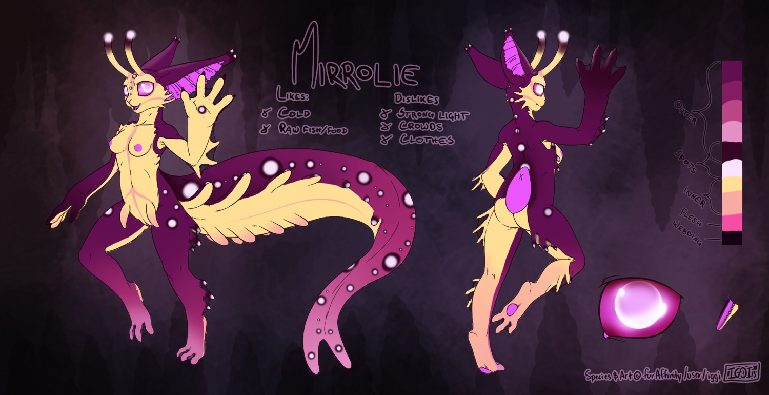 anthro aquatic breasts claws e621 external_gills felid female gills glowing hi_res iggi mammal mirrolie_(character) mirromy non-mammal_breasts nude pink_eyes purple_body purple_skin solo tail tentacles white_body white_skin