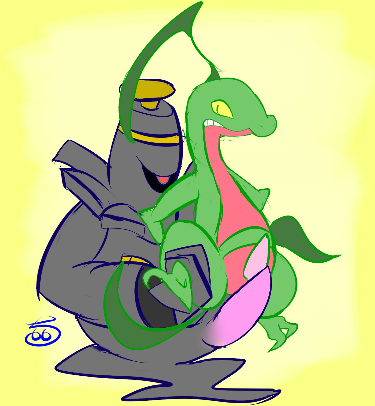 anthro conditional_dnp duo dusknoir dusknoir_(eotds) e621 erection generation_3_pokemon generation_4_pokemon genitals grovyle grovyle_the_thief hi_res klaide male male/male nintendo penis pokemon pokemon_(species) pokemon_mystery_dungeon semi-anthro sex simple_background spike_chunsoft spirit yellow_background