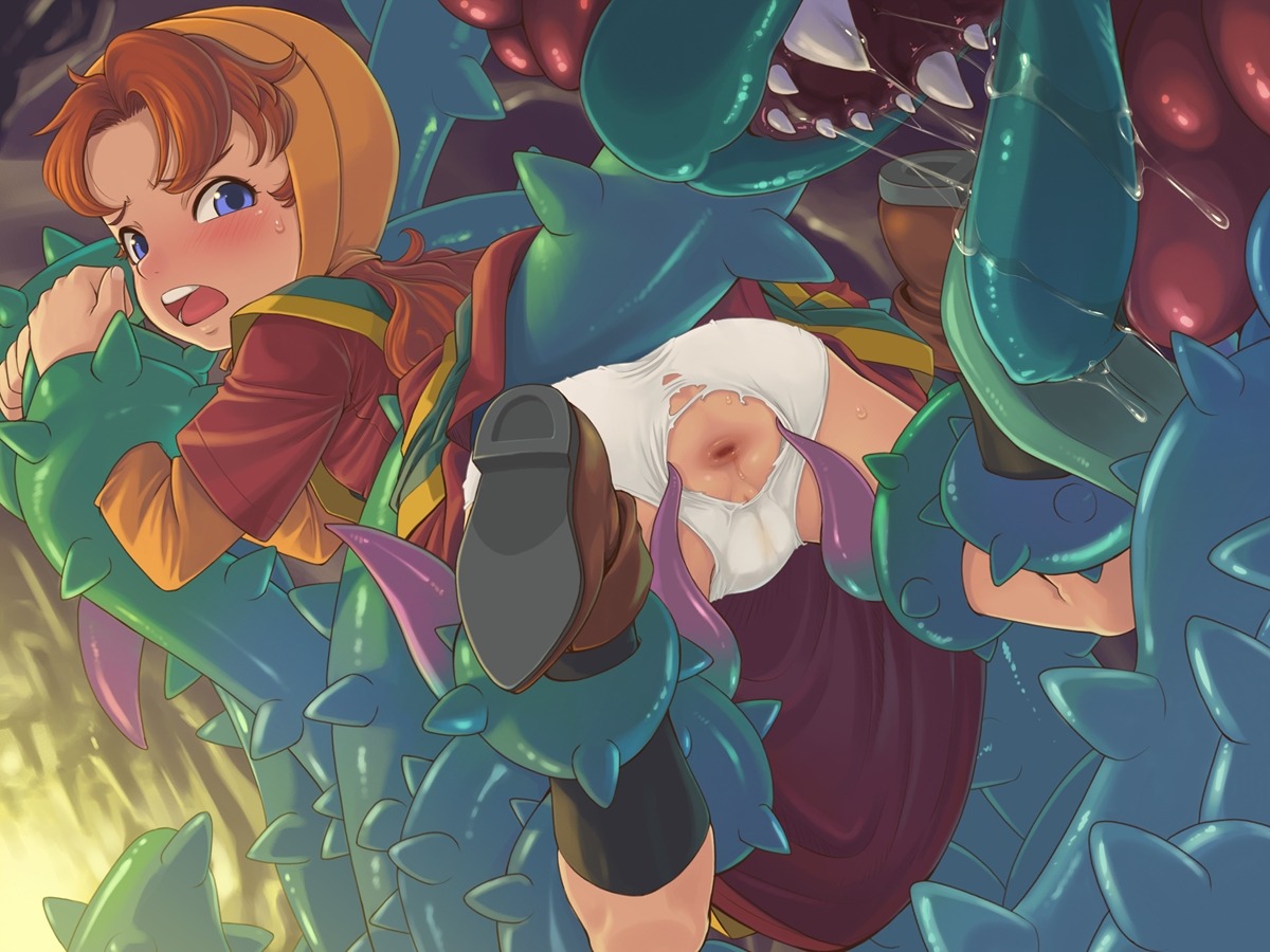 anus ass blush brown_hair censored clothing dragon_quest dragon_quest_vii dress female flat_chest gaping long_hair maribel_(dq7) messy_hair monster nude panties rule34 saikyou_anaheim saliva tentacle