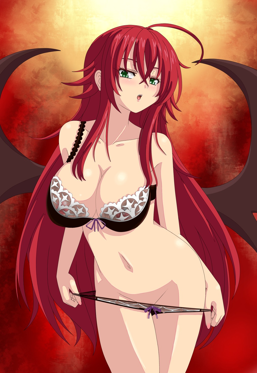 1girls ahoge blush bra breasts cartoony cleavage enoko_(zqfebi) fangs female female_only green_eyes high_school_dxd highres large_breasts long_hair nipples open_mouth panties pubic_hair pussy red_hair rias_gremory rule34 solo teeth underwear wings