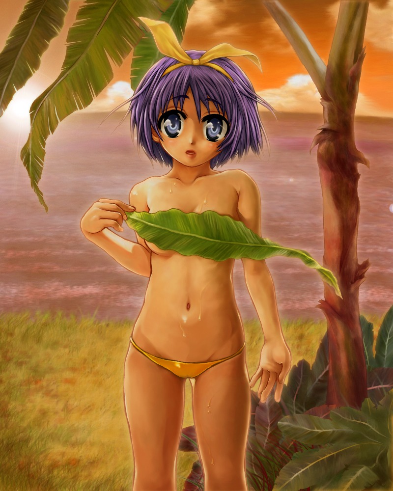 1girls bikini_bottom blue_eyes female lucky_star object_censor purple_hair rule34 short_hair solo tagme tsukasa_hiiragi warm_lighting