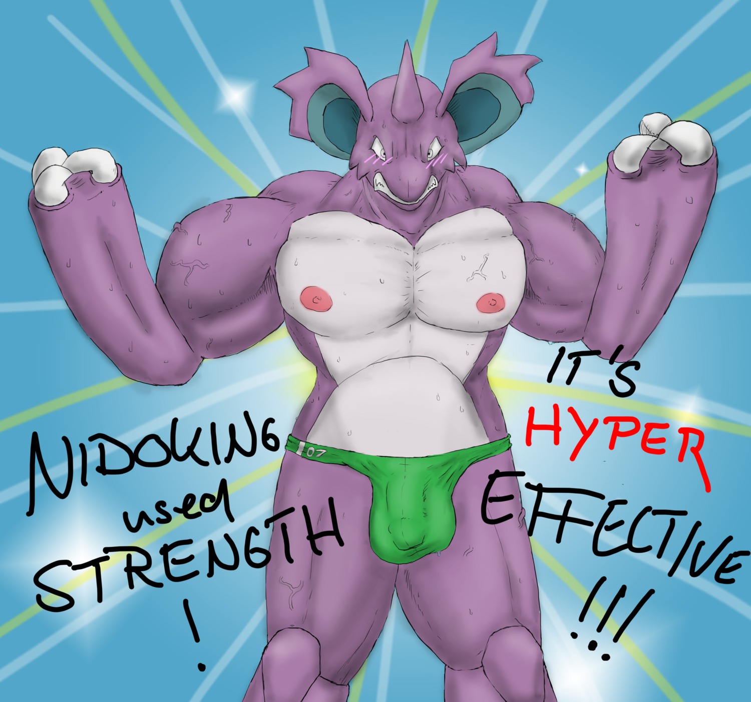 absurd_res anthro biceps biped blush bodily_fluids bulge clenched_teeth clothed clothing detailed_bulge e621 english_text fangs flexing generation_1_pokemon genital_outline grey_body grey_skin hi_res horn male muscular muscular_anthro muscular_male nidoking nintendo nipples pecs penis_outline pinup pokemon pokemon_(species) pose purple_body purple_skin reptile scalie solo speedo standing sweat swimwear teeth text topless valon vein