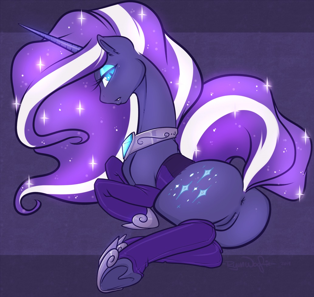 2014 anus aquamarine_(gem) blue_eyes blue_eyeshadow butt clothing cutie_mark e621 equid equine eyelashes eyeshadow female feral fluffy fluffy_tail friendship_is_magic fur gem genitals grey_anus grey_background grey_body grey_fur grey_horn grey_vulva hair half-closed_eyes hasbro hooves horn idw_publishing jewelry legwear long_horn long_neck looking_at_viewer looking_back lying makeup mammal mostly_nude multicolored_hair multicolored_tail my_little_pony my_little_pony_(idw) mythological_creature mythological_equine mythology narrowed_eyes nightmare_rarity_(idw) presenting presenting_hindquarters purple_hair purple_tail raised_tail ryunwoofie signature silver_(metal) silver_jewelry simple_background solo stockings tail two_tone_hair two_tone_tail unicorn vulva white_hair white_tail
