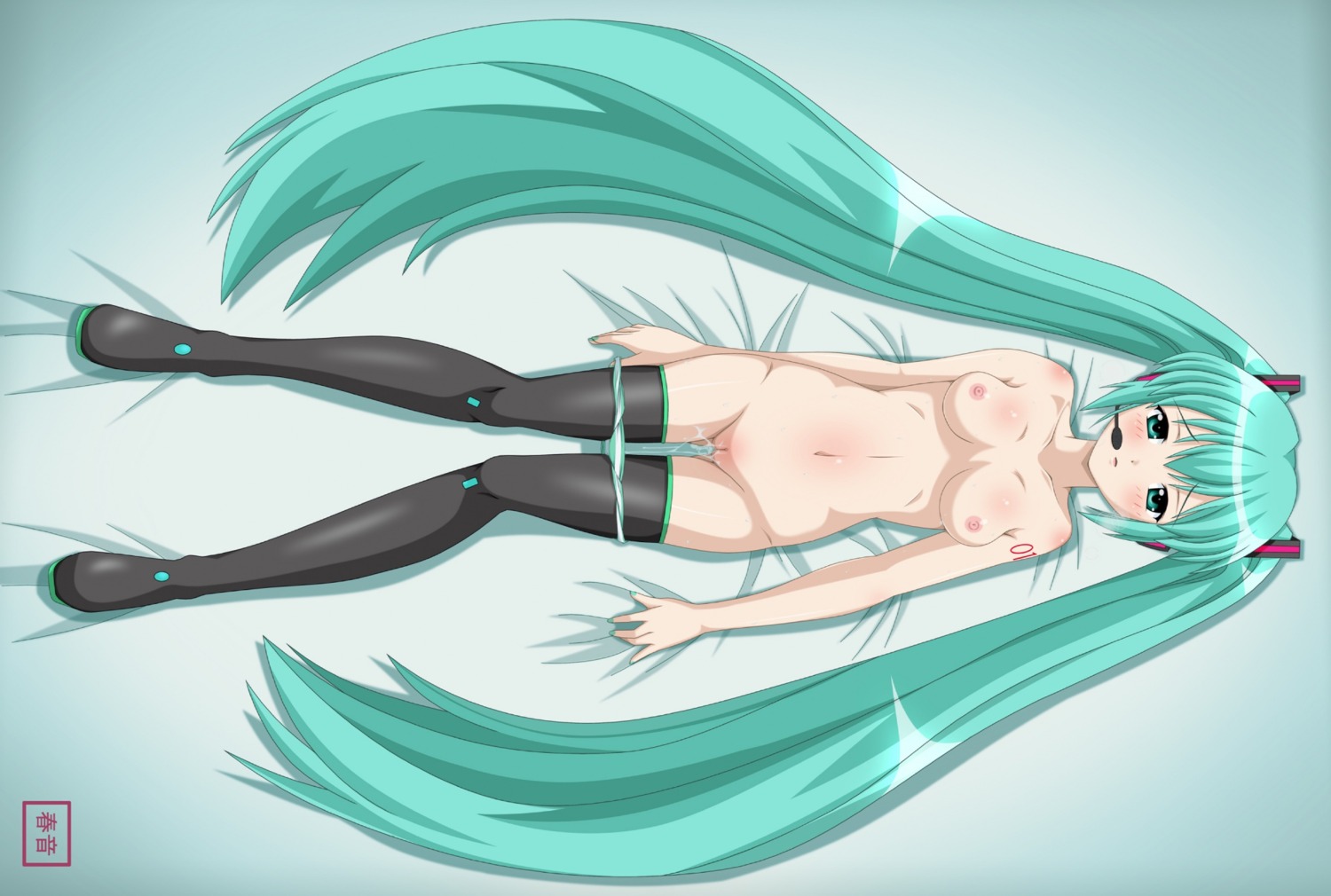 1girl aqua_eyes aqua_hair blush boots breasts female green_eyes hatsune_miku headset high_resolution long_hair lying medium_breasts nipples nude panties panty_pull pussy pussy_juice rule34 solo striped striped_panties thighhighs twintails uncensored underwear very_long_hair vocaloid