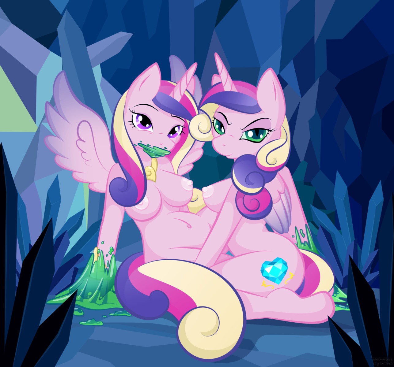2012 absurd_res anthro anthrofied areola arthropod bdsm belly big_breasts blonde_hair blue_hair bondage bound breasts butt cave changeling_(mlp) clone crystal cutie_mark dominant dominant_female duo e621 equid equine feathered_wings feathers female female/female friendship_is_magic green_eyes hair hasbro hi_res hooves horn jewelry looking_at_viewer looking_back mammal mane multicolored_hair my_little_pony mythological_creature mythological_equine mythology navel necklace nipples nude pegasus pink_body pink_feathers pink_hair pink_nipples potbelly pregnant princess_cadance_(mlp) purple_eyes queen_chrysalis_(mlp) side_boob slime smile submissive submissive_female tail unicorn whitmaverick winged_unicorn wings