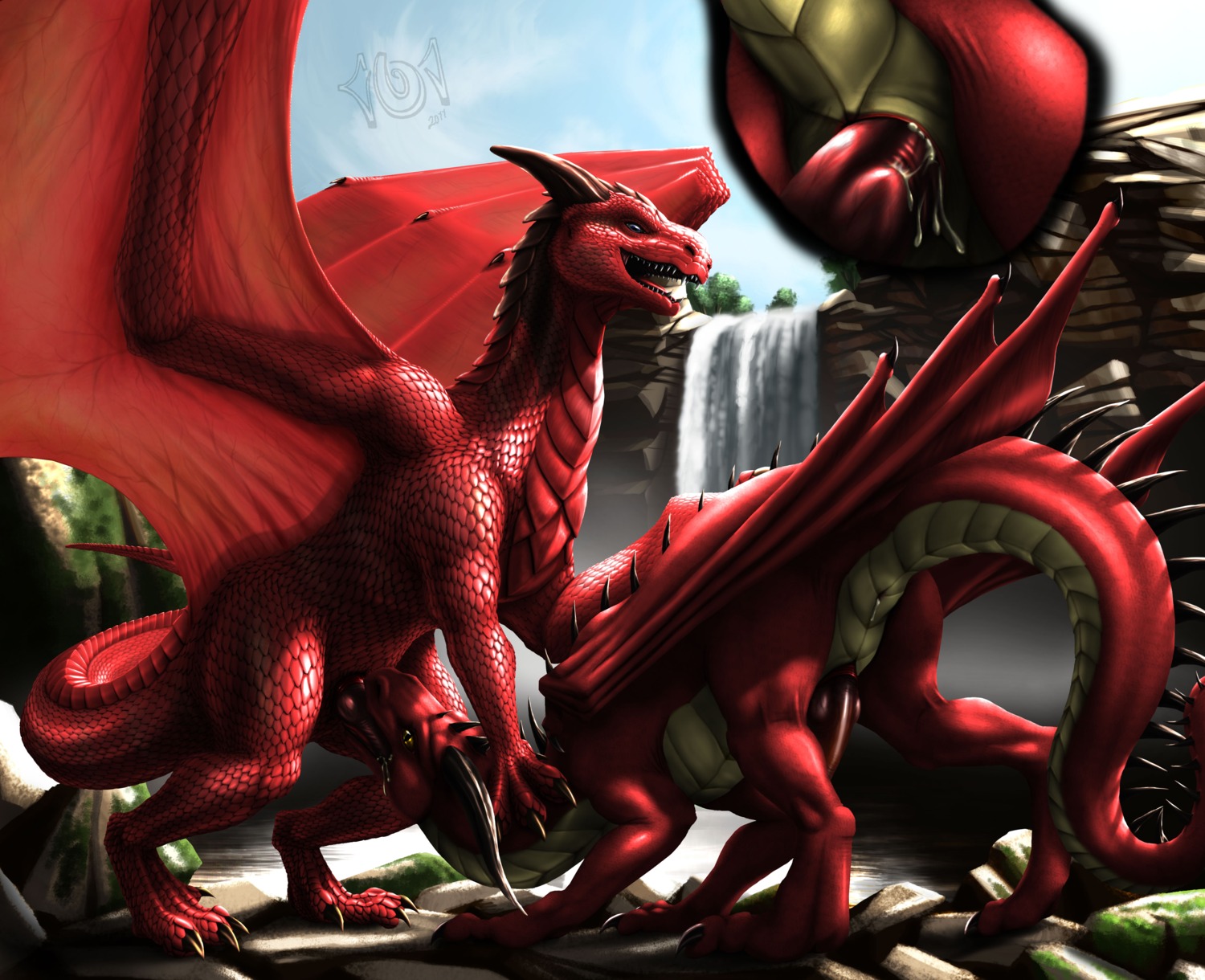 absurd_res anal anal_penetration animal_genitalia anus barefoot bent_over bodily_fluids claws close-up cum cum_in_mouth cum_inside day detailed detailed_background dragon dudey_101 duo e621 erection face_fucking face_mounting feet fellatio feral forced forced_oral genital_fluids genital_slit genitals hairless hi_res horn irrumatio knot male male/male male_penetrated male_penetrating male_penetrating_male membrane_(anatomy) membranous_wings mythological_creature mythological_scalie mythology oral oral_penetration outside paws penetration penile penis penis_in_mouth red_body scalie sex sharp_teeth side_view sky spread_wings standing tail teeth tongue water waterfall wings yellow_eyes