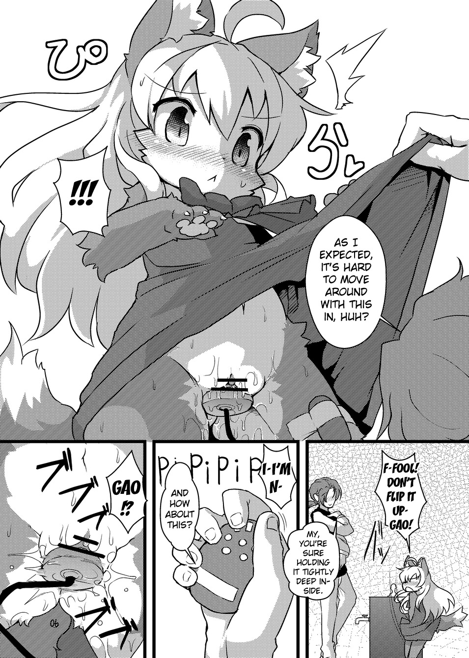 :< akuma_gaoru anthro blush bodily_fluids bottomwear canid canine censor_bar censored claws clitoris clothed clothing clothing_lift comic controller dildo dipstick_tail drinking_fountain duo e621 ears_up english_text female flowing_hair fox futaba_channel genital_fluids genitals hair hi_res human ineffective_censorship kemono loli looking_down male mammal markings masturbation monochrome navel no_underwear nyankone paws penetration precum public public_exposure remote_control sex_toy skirt skirt_lift tail tail_markings text vaginal vaginal_fluids vaginal_masturbation vibrator vulva water_fountain young young_anthro young_female
