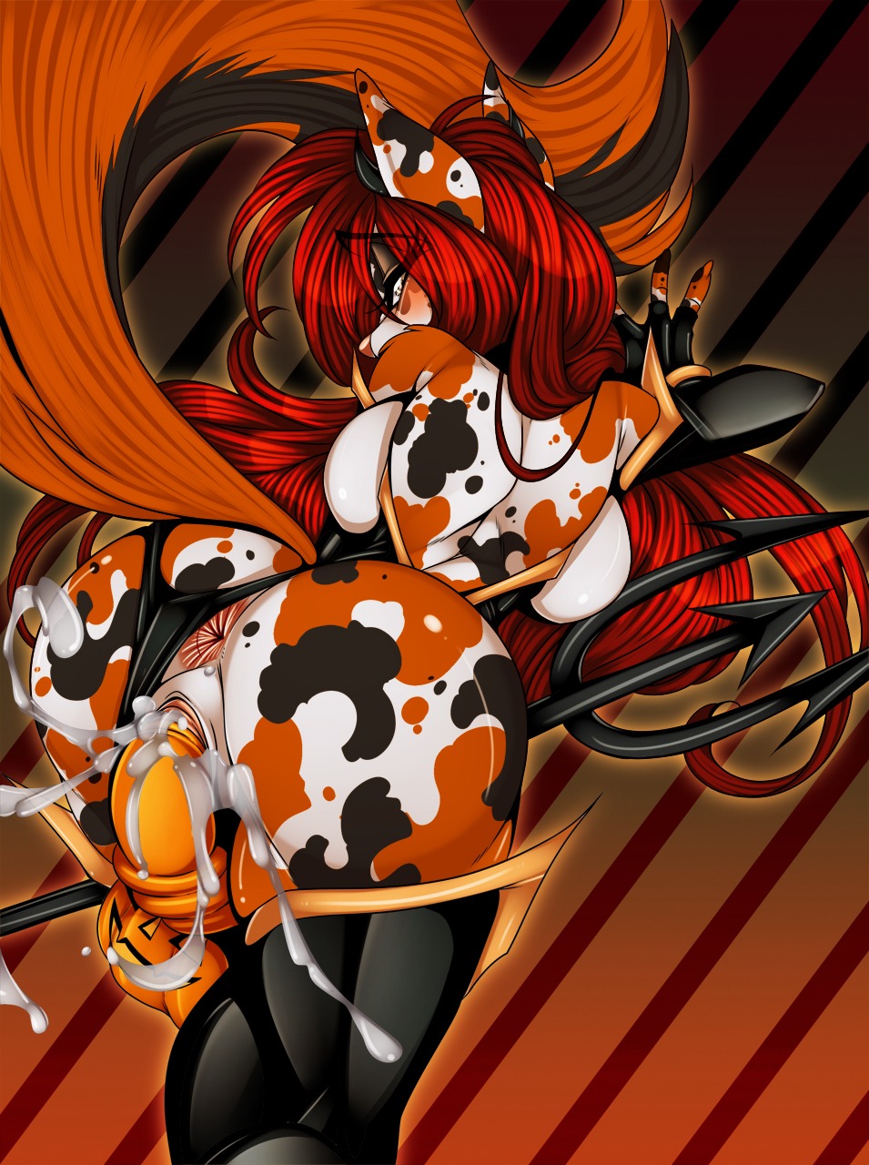 anthro anus biped blush bodily_fluids breasts butt calico_cat crystal-for-ever cum digital_media_(artwork) domestic_cat e621 felid feline felis female genital_fluids genitals hair hi_res mammal mottled orgasm penetration piebald red_hair sex_toy solo vaginal vulva