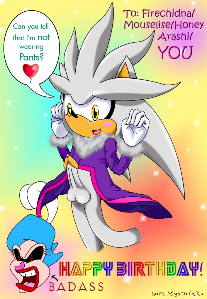 amber_eyes anthro balls blaze_the_cat blush bottomless clothed clothing cosplay e621 english_text erection eulipotyphlan genitals grey_body happy_birthday heart_symbol hedgehog male mammal penis rainbow sega silver_the_hedgehog simple_background solo sonic_the_hedgehog_(series) text unknown_artist