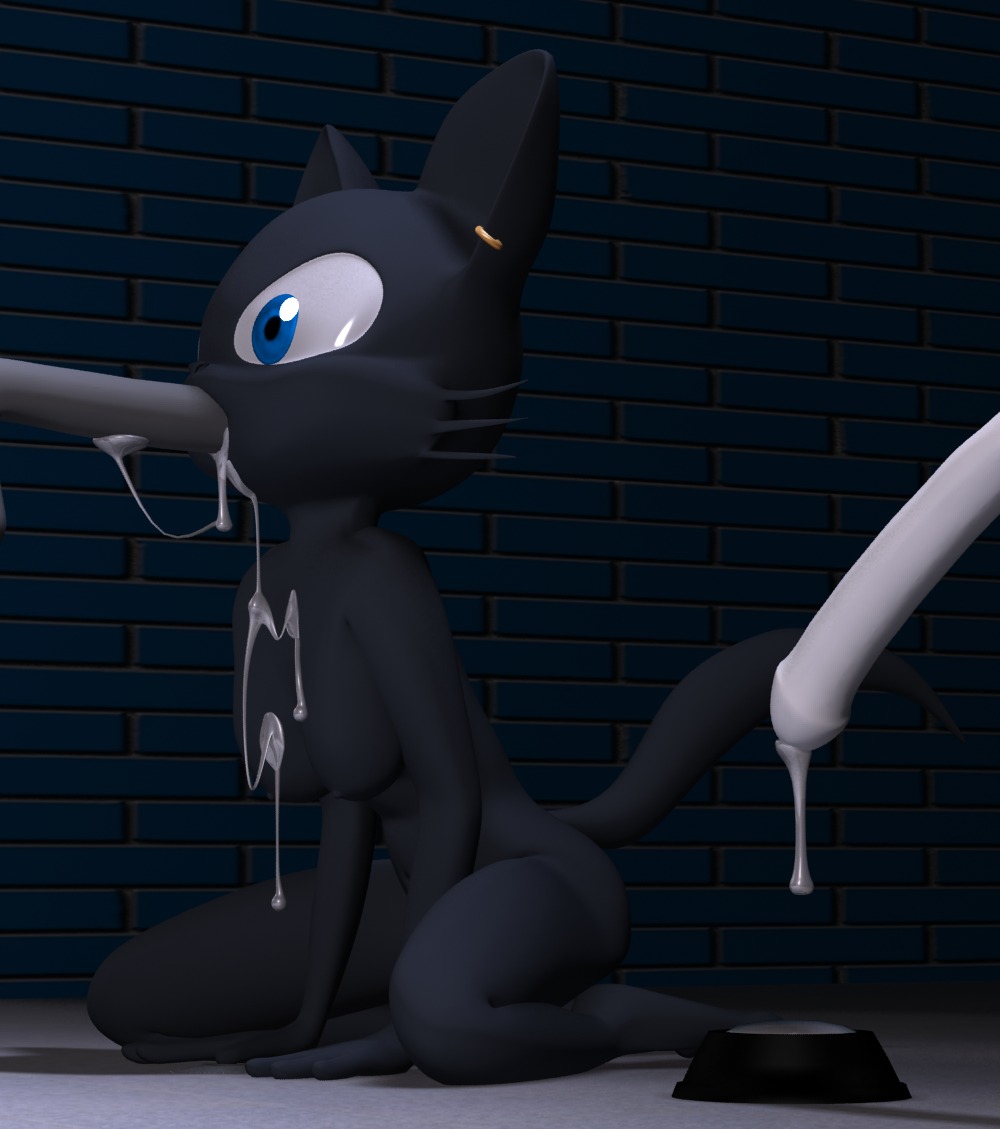 3d_(artwork) anthro bdsm black_body black_fur blue_eyes bodily_fluids bowl breasts container cum cum_in_mouth cum_inside cum_on_breasts destiny_(character) destiny_blackmoon digital_media_(artwork) domestic_cat drinking drinking_cum dripping e621 erection feeding felid feline felis fellatio female fur genital_fluids genitals group kneeling male male/female mammal oral oral_penetration penetration penile penis pet_bowl petplay roleplay sex solo_focus swallowing tail young young_anthro
