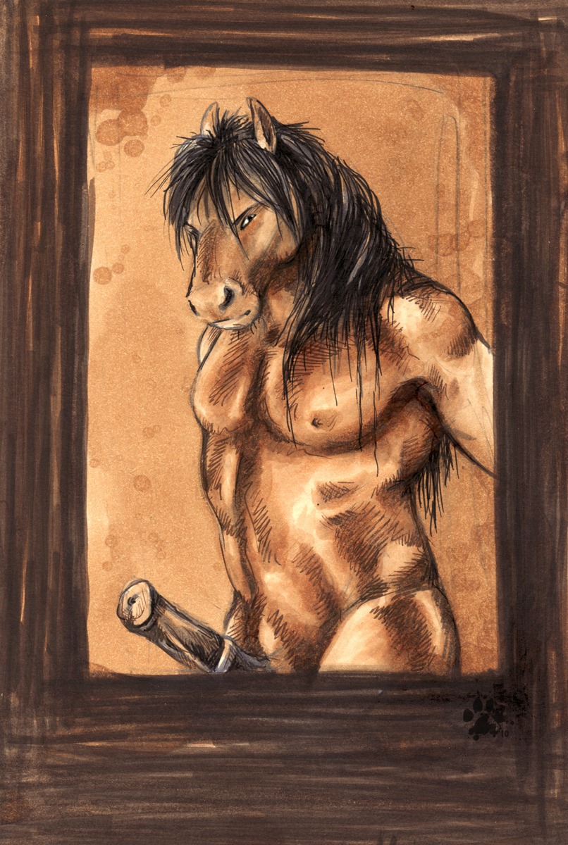 2010 abs animal_genitalia animal_penis anthro blotch e621 equid equine equine_genitalia equine_penis erection genitals hi_res horse looking_at_viewer male mammal muscular muscular_anthro muscular_male penis scratches_volume_4 solo traditional_media_(artwork) wood