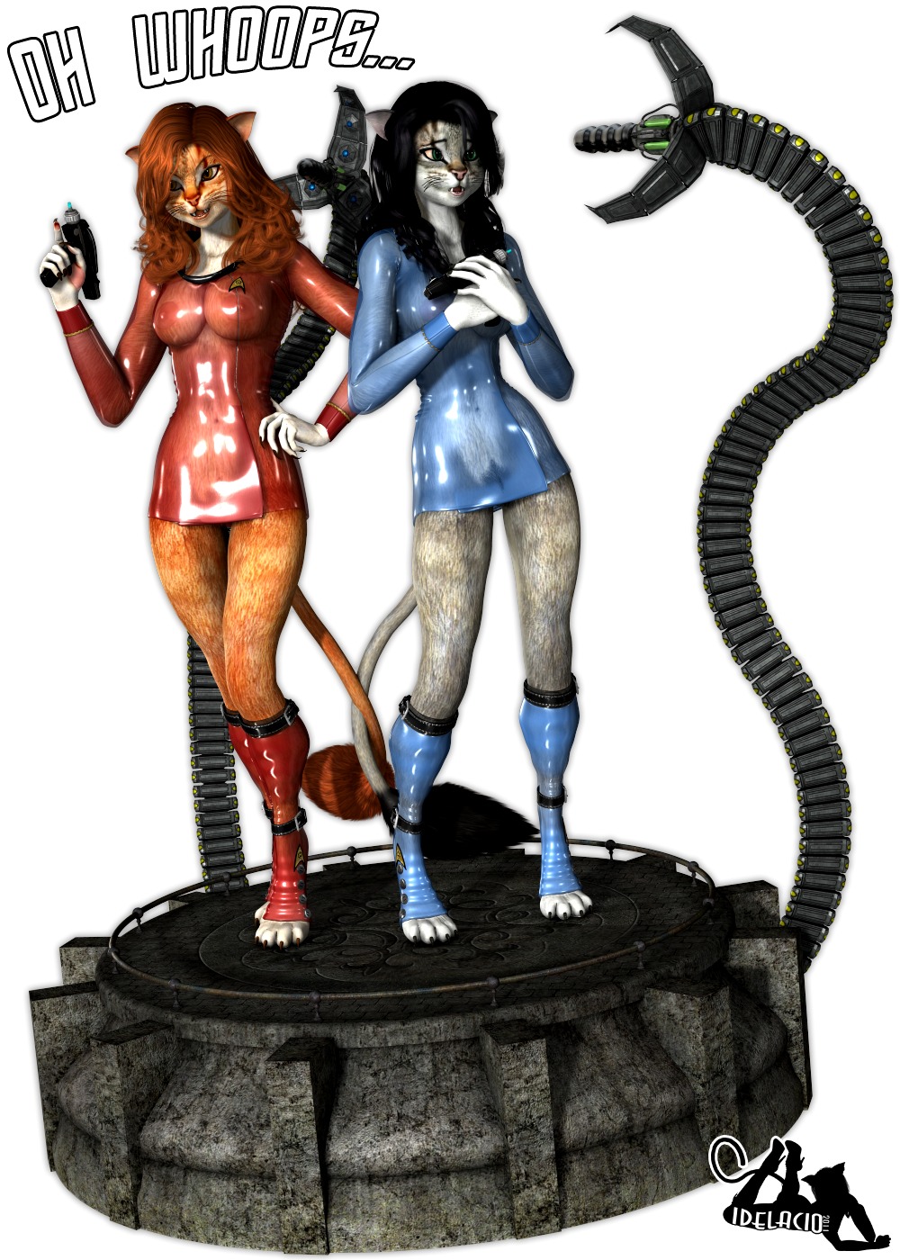 2011 2girls 3d alien anthro anthro_only artist_logo black_hair blue_shirt breasts brown_eyes caitian_(species) clothed clothing duo english_text feline female female_only furry ginger_hair green_eyes humanoid idelacio multiple_females multiple_girls ny'kara_(idelacio) orange_fur phaser pubic_hair red_shirt robotic_arm rule34 see-through see-through_clothing shiboline_m'ress star_trek star_trek_the_animated_series starfleet_insignia starfleet_uniform text translucent_clothing uniform weapon whiskers