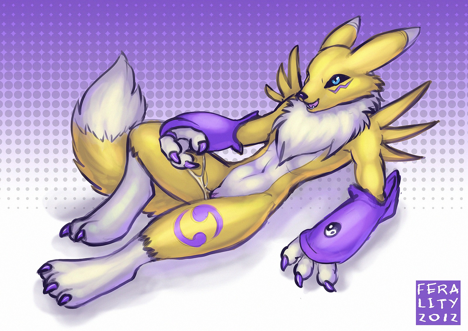 2012 3_toes anthro bandai_namco biped black_sclera blue_eyes bodily_fluids canid canine chest_tuft claws countershading digimon digimon_(species) dipstick_tail e621 fangs feet female fur genital_fluids genitals hi_res hindpaw kadohusky lying mammal markings masturbation mostly_nude multicolored_body multicolored_fur multicolored_tail on_back open_mouth paws renamon solo tail tail_markings teeth toes tuft two_tone_body two_tone_fur two_tone_tail vaginal vaginal_fluids vaginal_masturbation vulva white_body white_fur white_tail yellow_body yellow_fur yellow_tail yin_yang